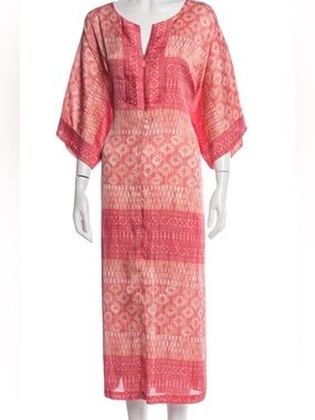 Oscar de la Renta Coral Pink Maxi Kaftan Dress Coverup Size Large